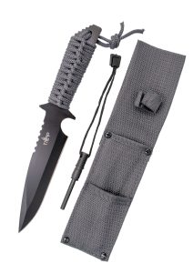 Cuchillo Tactico Negro Mango Encordado Con Pedernal Y Funda